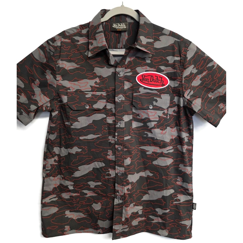 Von Dutch Mens Medium Gray Camo Short Sleeve Button Front Embroidered Logo Shirt